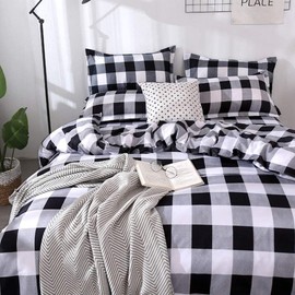 Farmhouse Buffalo Checked Bedding Set Black Gray White Plaid Comforter Cover Single,Soft Lightweight Grid Bedspreads, 1 Lattice Duvet Cover 2 Pillow Shams Modern Geometric Decor Grey Quilt,Zipper
