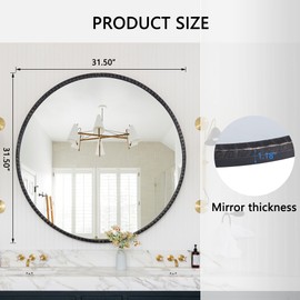 Maxax 31.5" Round Mirror, Black Antique Decorative Wall Mirror, 0.6" W Vintage Carriage Wheel Metal Frame, Wall-Mounted or Tabletop, Circle