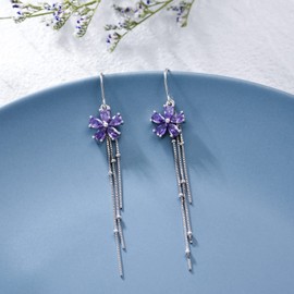 VONALA Threader Earrings 925 Sterling Silver Purple Flower Crystal Pull Through Dangly Dangle Drop Tassel Long Chain Earrings Jewellery Gifts for Women