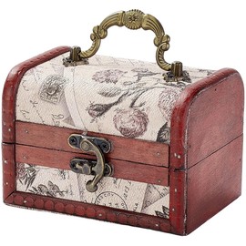 CALFOVERA Retro Small Wooden Pirate Keepsake Box Vintage Treasure Chest Mini European Decorative PU Leather Jewelry Stroage Cases with Handle for Jewelry Pearl Trinkets Birthday Gifts