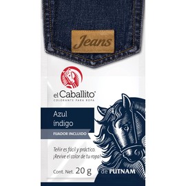 el Caballito Jeans, el único Colorante en Polvo para ropa color Azul índigo ¡Revive y cambia el color de tu prenda favorita! Sobre con 20g
