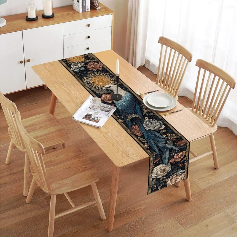 Bird and Floral Table Runner 13x72 Inch, Elegant Nature Design