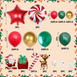 Christmas Balloons Arch Red Green Gold Balloons Garland Elf Party Decorations Xmas Cane Foil Balloons Red Green Gold Confetti Lollipop Candy Reindeer Xmas Metallic Dark Green Balloons New Year