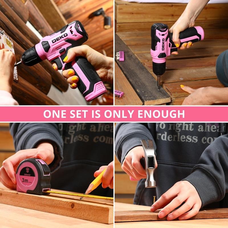 DEKO PinkTool 8V Cordless Drill Tool Kit for Women, 126-Piece
