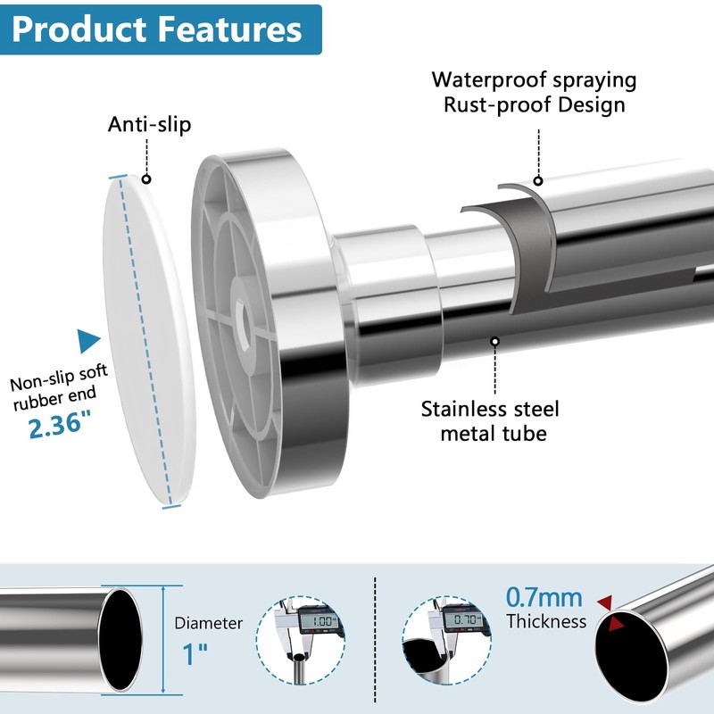 Bonpally Shower Curtain Rod 32-47 Inches Adjustable, Non-Slip Spring Tension