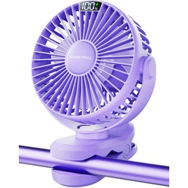 SWEETFULL Portable Clip on Fan - Battery Operated Stroller Fan, 4000mAh Small Rechargeable Fan with LED Display, 4 Speeds, Mini Personal Cooling Desk Fan for Golf Cart Travel Camping Gym (Purple)