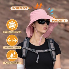 29 IYEBRAO Womens Sun Hat with Neck Flap and Ponytail Hole Wide Brim UPF 50+ Bucket Hat Beach Fishing Hiking Safari（Pink）