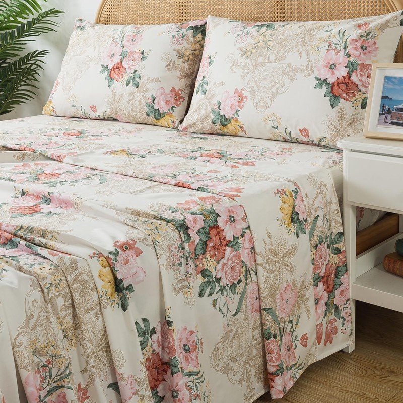 Zusbest King Floral Bed Sheets, Soft 100% Cotton Pink &