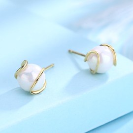 Cultured Pearl & 14K Gold Plated Caged Stud Earrings (Gold)
