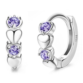 JeweBella 925 Sterling Silver Small Hoop Earrings Heart for Women Girls Earrings Colourful Zirconia Heart Earrings Hypoallergenic Sleeper Cartilage Earrings Hoop Earrings Pink Purple Blue White for