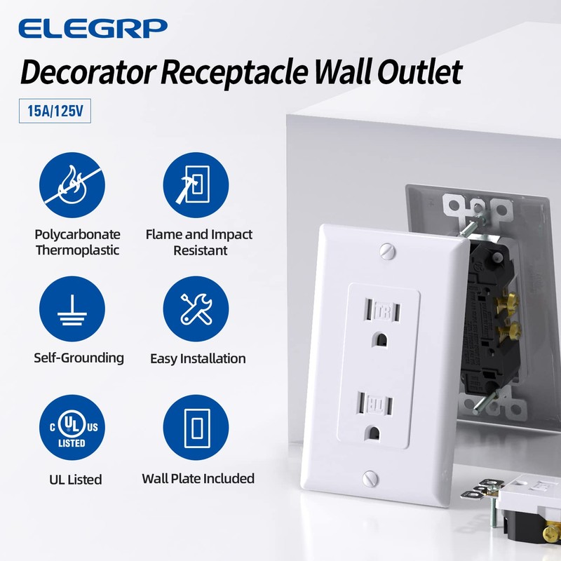ELEGRP Glossy White Decorator Receptacle, 15A 125V Standard Electrical Wall
