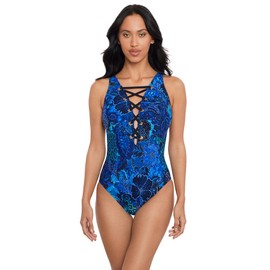 MagicSuit Women's Swimwear Jewels in The Nile Steffi Soft Cup Lace Up One Piece Swimsuit, Blue/Multi, 12