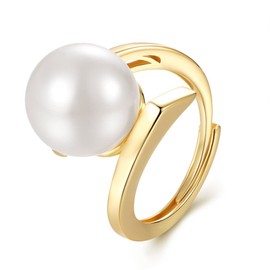 SWJEWEL 925 Sterling Silver Pearl Ring Gold Plated Hollow Design Adjustable Size 12mm Big Faux Freshwater Pearl Ring Single Pearl Fashion Open Ring for Women Ladies Bridal Wedding 5/6/7/8/9/10