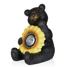Alpine Corporation 16" H Outdoor Solar Powered Bear Statues with Sunflower LED Light, Brown/Yellow