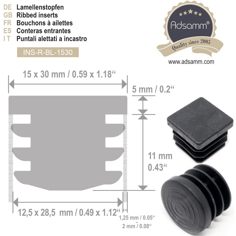 Adsamm 4 x Lamellar Plugs, Black, 11 x 26-13 x