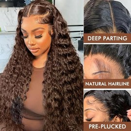 Perücke für Damen, natürlich, brasilianisch, 13 x 4, Lace-Front, menschliches Haar, gewellt, schokoladenbraun, klebstofffrei, gelockt, 150 % Dichte, 40,6 cm