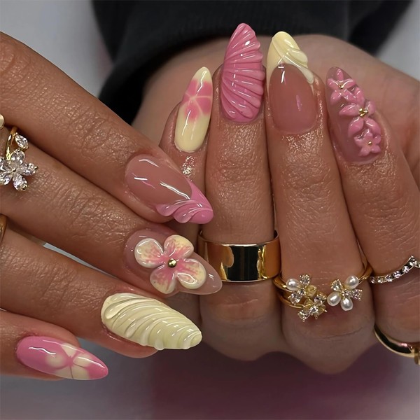 BABALAL Press on Nails Medium Almond Fake Nails Pink Yellow