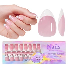 French Gel Nail Tips, 150pcs Medium Coffin Press on Soft Gel Fake Nails, 3 in 1 X-coat Pre-Applied Tip Primer & Base Coat, 15 Sizes for DIY Nail Extension, No Filing Required (HJ-NT087-05)