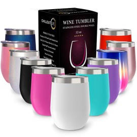 CHILLOUT LIFE 12 oz Stainless Steel Wine Tumbler with Lid - Double Wall Vacuum Insulated Wine Cup Glass Keeping Cold & Hot for Coffee, Champagne, Cocktails, Ice Cream - Powder Coated White