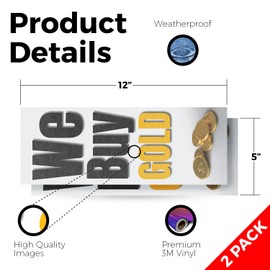 We Buy Gold Vertical Vinyl Decal 2 Pack of 12 Inch x 5 Inch Weatherproof Heavy-Duty Adhesive Backing | Reliable Transactions, Trusted Shops, Professional Display | Made in USA