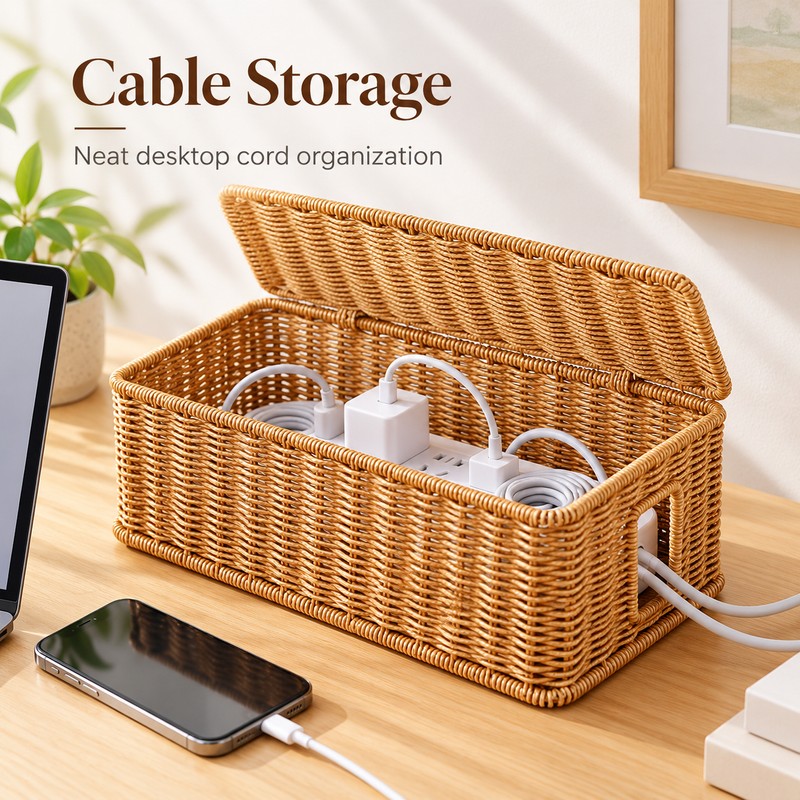 Under-Desk Cable Storage Box for Cord Organization – Hand-Woven Hanging
