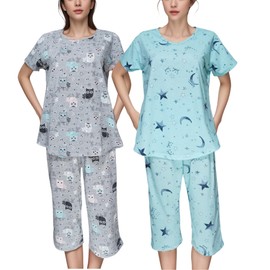 dodoin 2 Pack Womens Pajamas Set Cotton Sleepwear Short Sleeve Tops and Capri Pants Fun Prints Pjs(GO+GS,S)