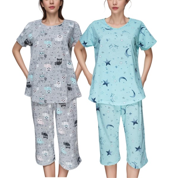 dodoin 2 Pack Womens Pajamas Set Cotton Sleepwear Short Sleeve