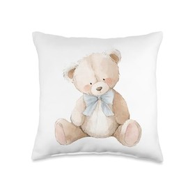Watercolor Teddy Bear with Blue Coquette Bow Nursery Art Throw Pillow