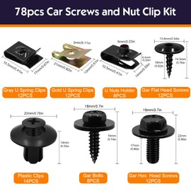 Bohoray 78pcs Screw and Nut Clip Kit, Engine Undertray Screws, Car Screws and Bolts, Auto Body Fender Screws Universal U Clips Kit Car Clips and Fasteners Mounting Set for Wheel Bumper Arch Cover Door