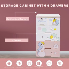CeRaBuRET Plastic Drawers Dresser with Parrot Pattern, Storage Cabinet with 6 Drawers, Closet Drawers Tall Dresser Organizer for Clothes, Playroom, Bedroom Furniture, 19.69 * 13.78 * 40.16in