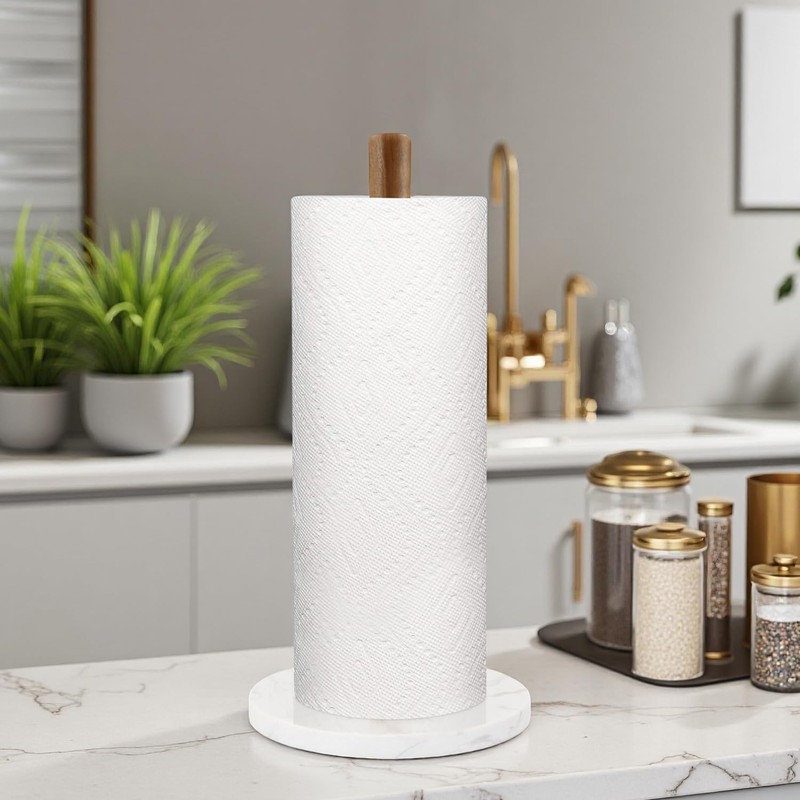 Buruis Wood Paper Towel Holder, Marble Base Modern Decorative Countertop