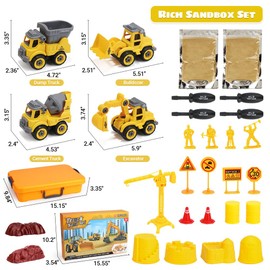 OENUX Play Sand Construction Set, Beach Building Castle Kit w/ 2.2lbs Play Sand, 4 Take Apart Construction Trucks Toys and Signs, Sensory Sandbox with Cover for Boy Girl Kid Toddlers Age 3-8