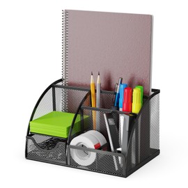 Desk Organizer and Pencil Case with Drawer and 6 Compartments in Black Metal Mesh. Space-Saving Desk Organizer for Pens, Pencils, Sticky Notes, Clips and Staplers