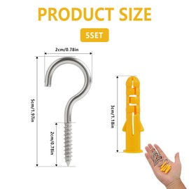 Aifrymne Screw-in Hooks in 304 Stainless Steel, 50mm M4 Metal Washing Line, Heavy Duty Screw in Hooks, Silver Clothes for Home Office Indoor and Outdoor, 5PCS