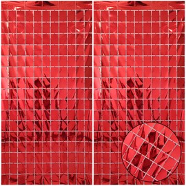 2 Pcs Red Foil Fringe Square Curtain Backdrop - Blue Streamers Party Decorations, Sequin Square Curtain Photo Backdrop Props for Birthday Party Graduation Bachelorette Wedding Decor, 3.3 x 6.6 Ft