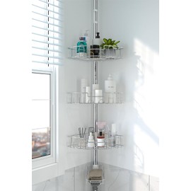 Shower Caddy Corner Tension Pole,Stainless Steel Adjustable Floor to Ceiling Corner Shower Caddy Stand for Bath Inside Shower Organizer Storage with Tension Pole,Rust-Resistant, 54 to 125 Inch