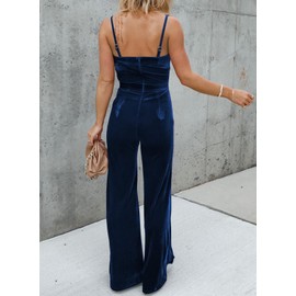 BLENCOT Sleeveless Velvet Jumpsuits For Women V Neck Spaghetti Straps Wide Leg Long Pants Dressy Rompers Winter Overalls Blue X-Large