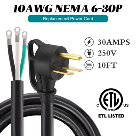 Kanayu 10 FT 10AWG Compatible with NEMA 6-30P Replacement Power Cord, 3 Prong 30 Amp 250V Open End Wire Extension Cable for Welder Dryer Generator Electric Garage Heater, ETL Listed