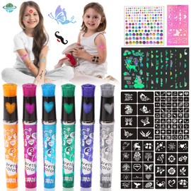 Glitter Tattoo Pens Children (6 Colours | 95 Stencils), Tattoo Gel Pens with 10 Tattoos Unicorn Luminous and 1 Sheet of Glitter Stones Face, Tattoo Pens for Gift Girls from 5 Years