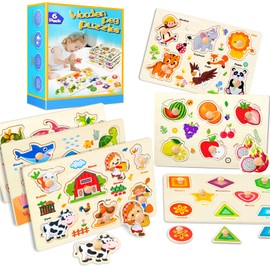 Wooden Peg Puzzles for Toddlers,Montessori Toddler Puzzles for Child,Fine Motor Skill Learning Puzzles Toys for Baby Boys Girls Gifts-6 Pcs Shape,Farm,Sea Animal,Dinosaurs,Fruits,Animals