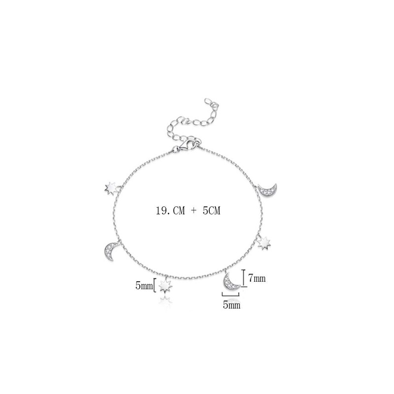 Dainty Star and Moon Anklet 925 Sterling Silver CZ Crystal