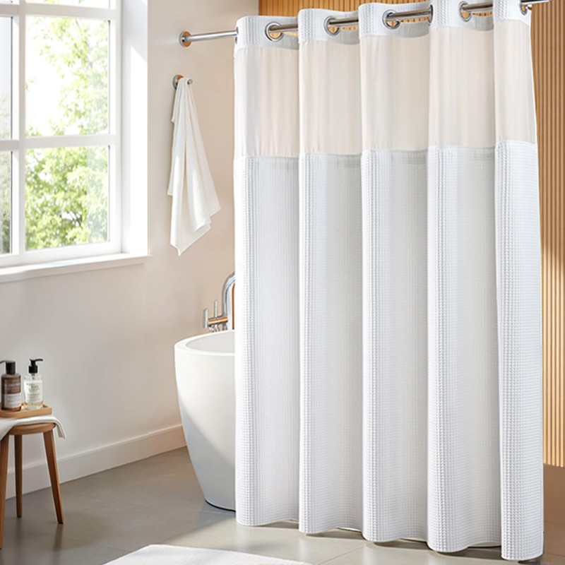 River Dream White Fabric Shower Curtain Set, Cotton Blend, Waffle