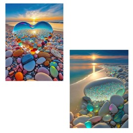Pack of 2 5D Diamond Painting, Crystal Heart Diamond Painting Pictures, Diamond Painting Adults, Beach Sunset Diamond Art, Full DIY Diamond Art Painting, Embroidery Set for Home Wall Décor