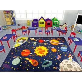 KC Cubs Outer Space Solar System Road Play Educational Learning & Fun Game Boy & Girl Kids Rug Carpet for Children Bedroom, Toddler Classroom and Baby Playroom Floor Mat, Playtime Adventure Activity