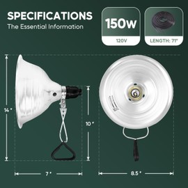 Healsmart 8.5" Clamp Light Socket, 150-Watt Maximum with 6 Feet 18/2 SPT-2 Cord, Aluminum Reflector E26 (no Bulb Included), for Reptiles and Plants Growing, 2-Pack