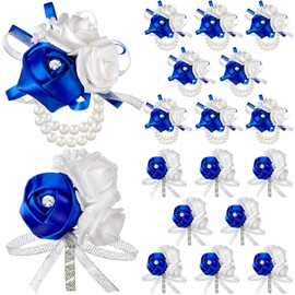 Zeyune 16 Pcs Rose Wrist Corsage and Boutonniere Set Flower Wristlet Corsages Band Bracelet and Bridegroom Men's Boutonniere for Wedding Prom Party Bouquets Accessories Suit Decor(Royal Blue)