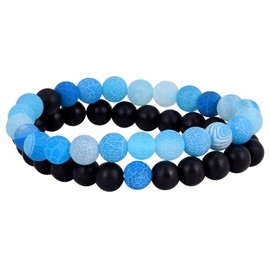 Jenbert 2Pcs Distance Bracelets Set Agate Stone Beads Friendship Bracelets Black Matte Frosted Stone Bracelets for Couples