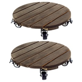 TIMBERHOLM-2PCs-12” Wood Plant Caddy with Wheels, Heavy Duty Rolling Plant Stand, Plant Dolly Roller, 360° Lockable Metal Caster Wheels, For Indoor, Outdoor, Patio Large Plant Pot (Round - Walnut)
