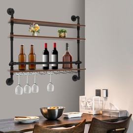 36in Rustic Metal Floating Bar Shelves Wall Mounted, 3-Tier Industrial Pipe Shelf Wine Racks Steampunk Pipe Shelving Wood Shelves,Farmhouse Wall Shelf Kitchen Wine Holder