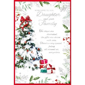 Daughter & Family Christmas Card - Snowy Tree Holly Border and Silver Foil 9x6"